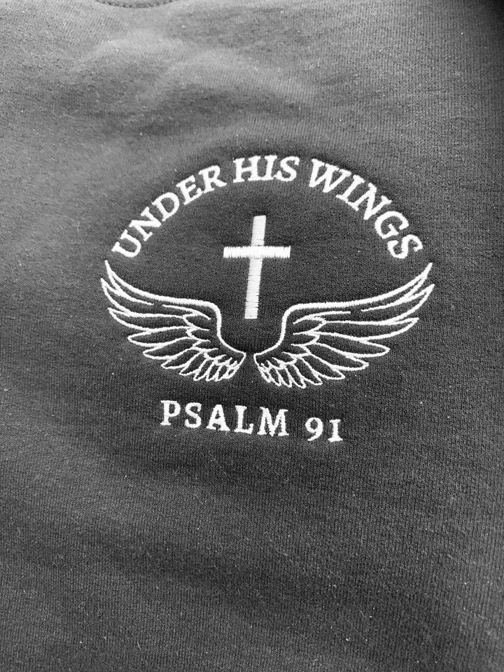 Embroidered Psalm 91 Under His Wings With Cross - Unisex Crew-Neck Sweatshirt