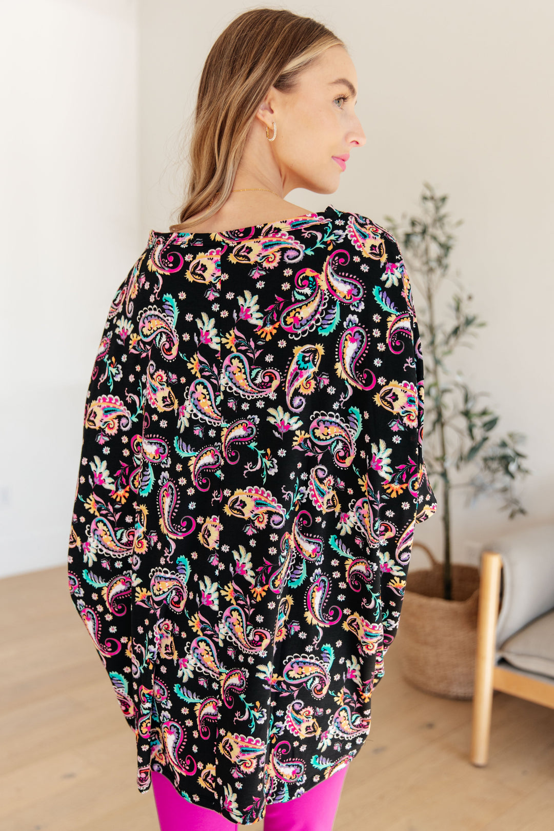 Essentially You Batwing Top - Black and Pink Paisley