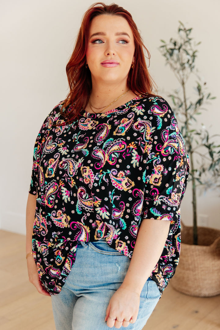 Essentially You Batwing Top - Black and Pink Paisley