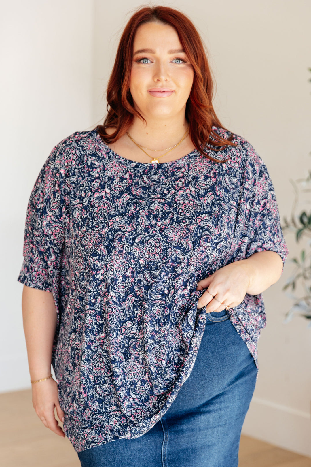 Essentially You Batwing Top - Navy Paisley