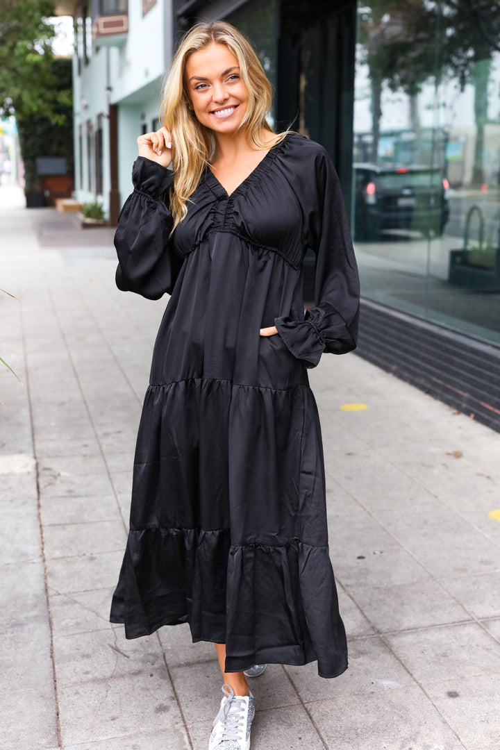 Elegant Days - Tiered Satin Maxi Dress - Black