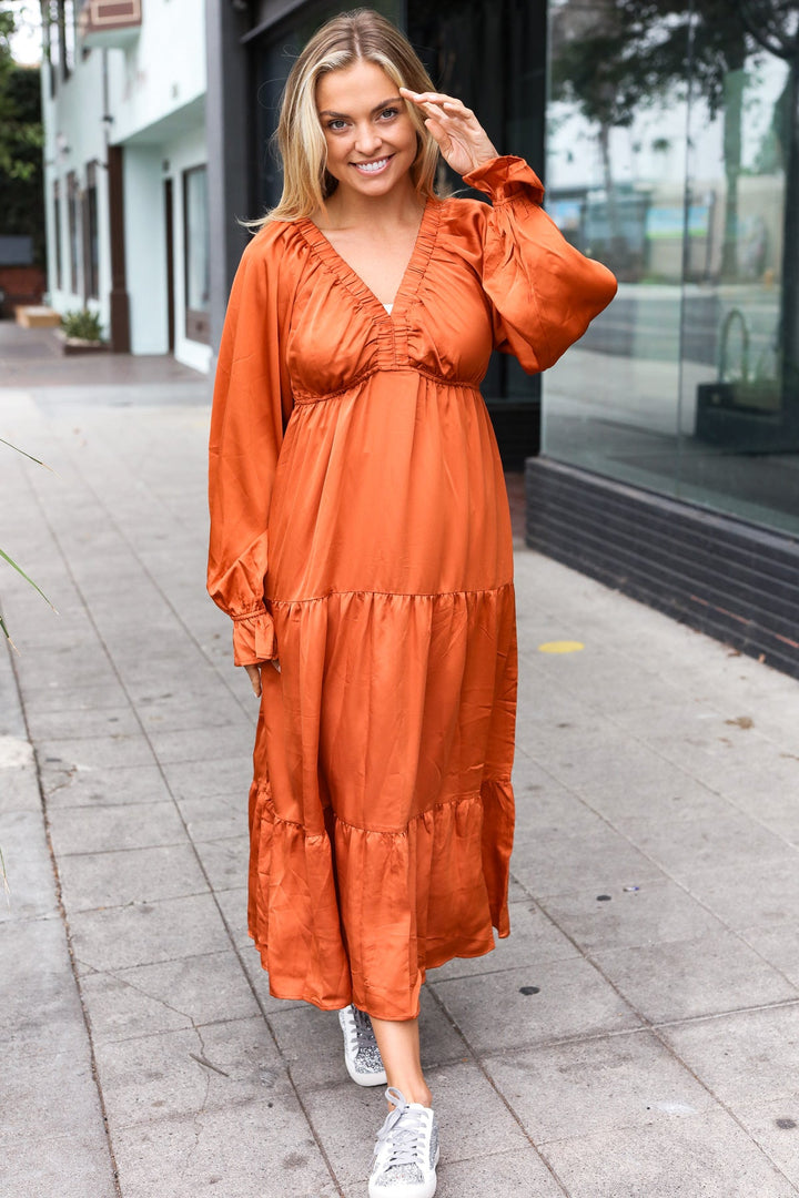 Elegant Days - Tiered Satin Maxi Dress - Rust