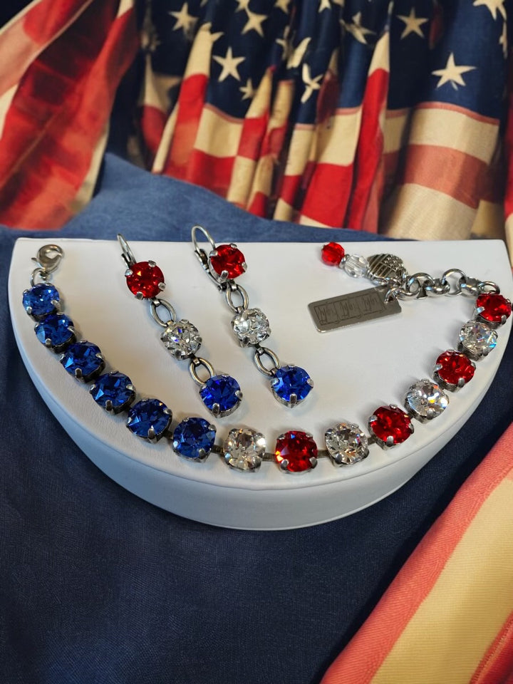 [PRE-ORDER] 3-Stone Red, White, & Blue USA Flag Dangle Earrings - Fight, Fight, Fight Collection [SHIPS in 3-5 WEEKS]