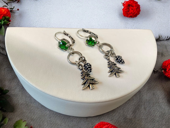 Green Crystal Christmas-Themed Dangle Earrings