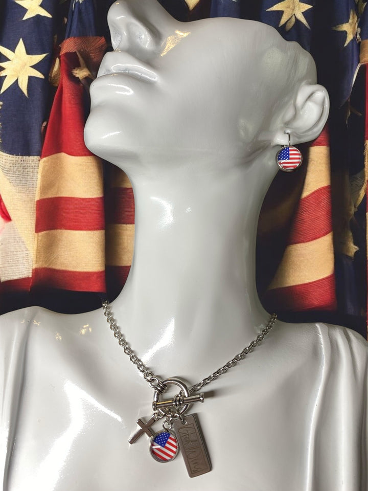 God Wins - American Flag Cross Charms Toggle Necklace