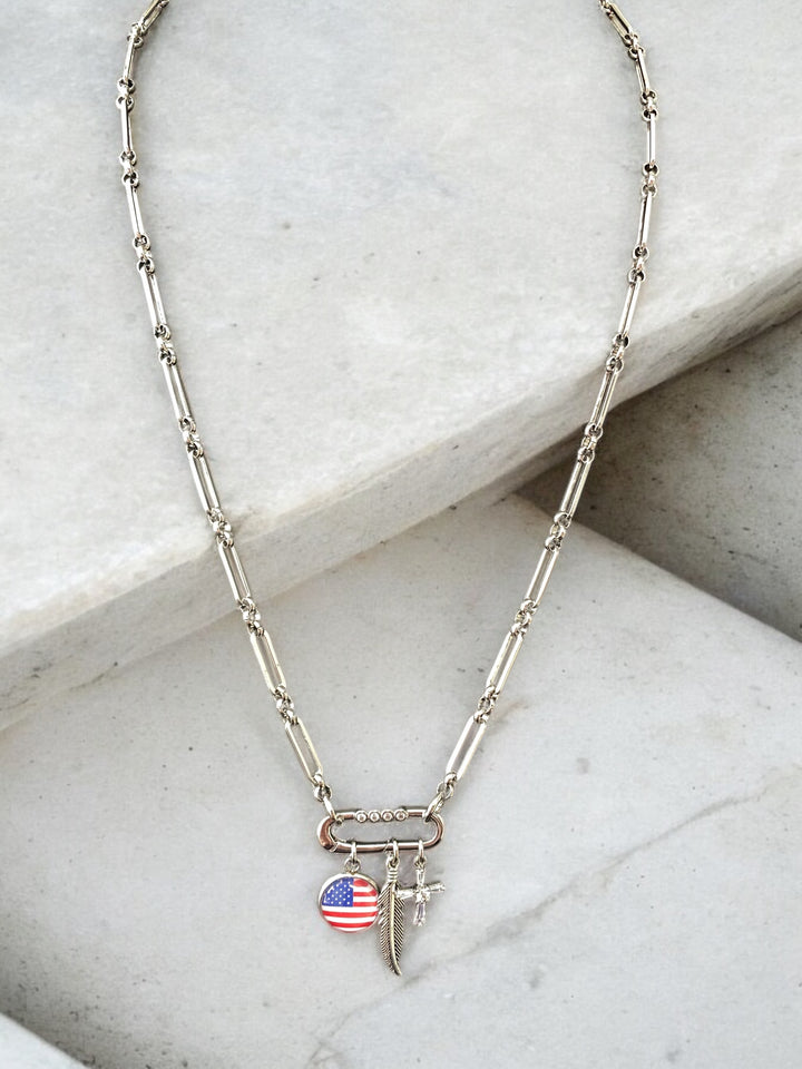 [PRE-ORDER] Charms Necklace W/ Carabiner - Flag, Cross, Feather Charms Necklace [SHIPS IN 1-3 WEEKS]