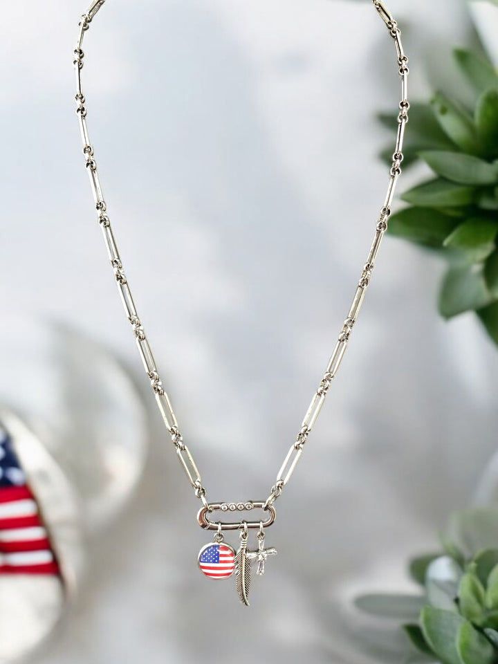 [PRE-ORDER] Charms Necklace W/ Carabiner - Flag, Cross, Feather Charms Necklace [SHIPS IN 1-3 WEEKS]