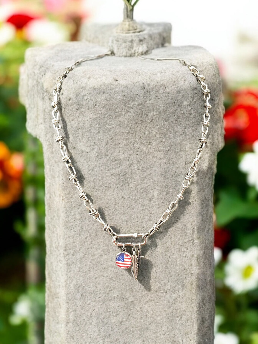 [PRE-ORDER] Charms Necklace W/ Carabiner - Flag, Cross, Feather Charms Necklace [SHIPS IN 1-3 WEEKS]