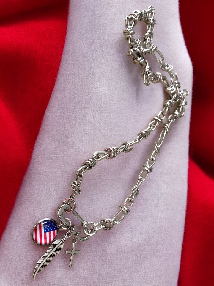 [PRE-ORDER] Charms Necklace W/ Carabiner - Flag, Cross, Feather Charms Necklace [SHIPS IN 1-3 WEEKS]