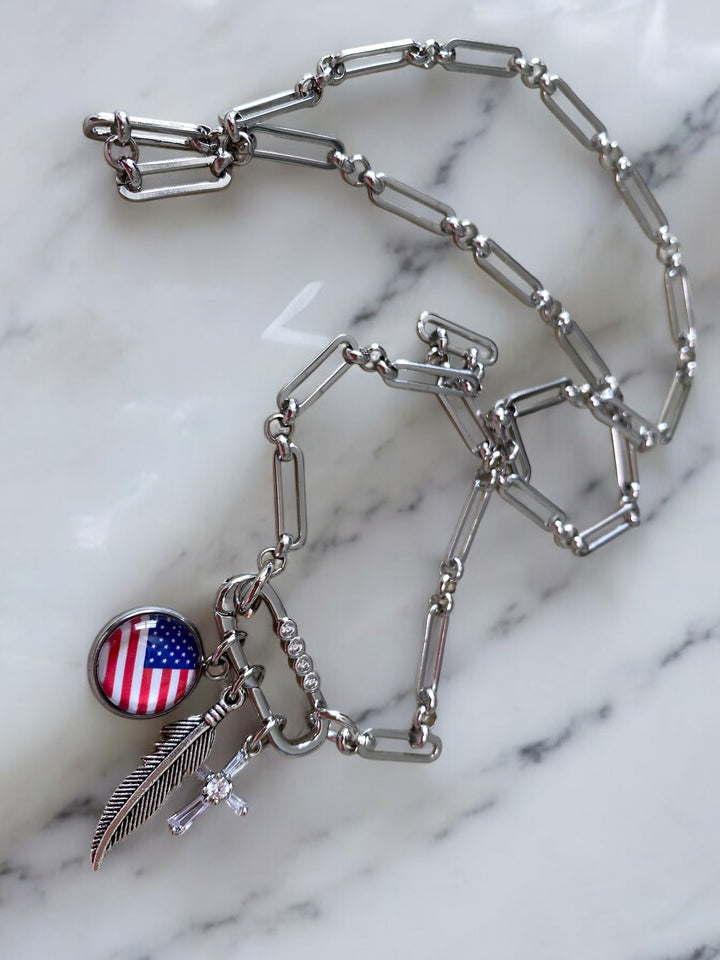 [PRE-ORDER] Charms Necklace W/ Carabiner - Flag, Cross, Feather Charms Necklace [SHIPS IN 1-3 WEEKS]