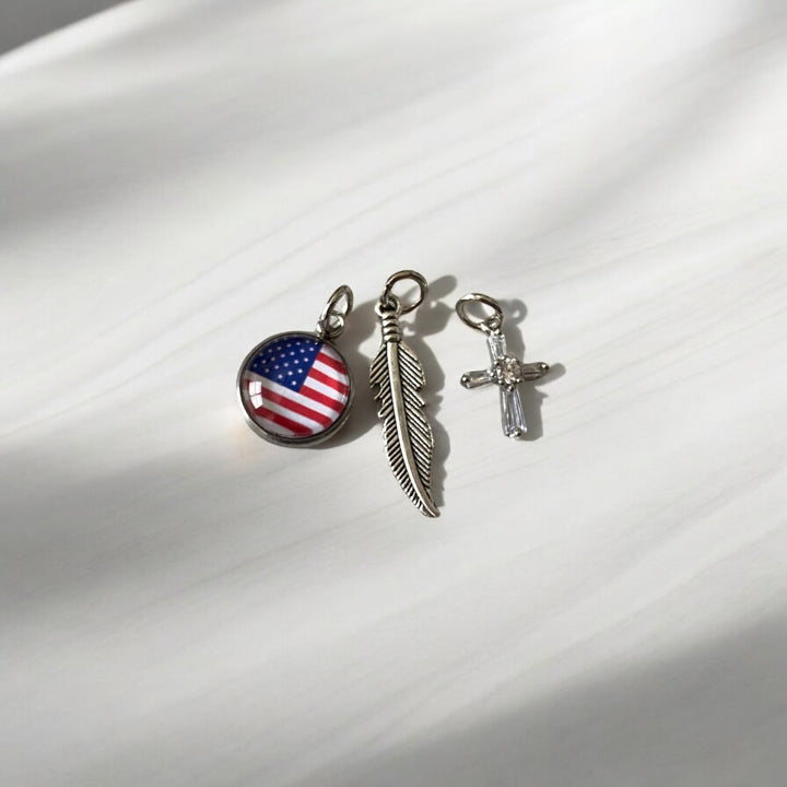 [PRE-ORDER] Charms Necklace W/ Carabiner - Flag, Cross, Feather Charms Necklace [SHIPS IN 1-3 WEEKS]