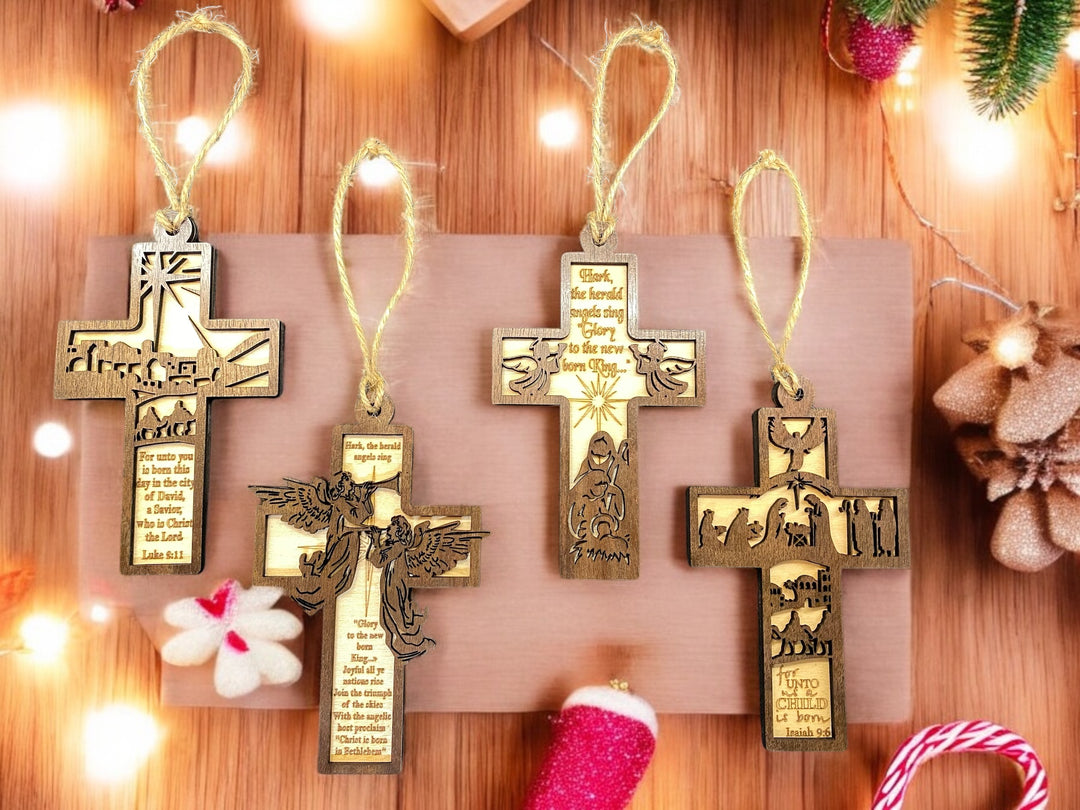 [PRE-ORDER] A Savior Is Born Nativity Tree - Handmade Wood Cross Ornaments | Made in the USA (Set of 4) [SHIPS IN 1-2 WEEKS]