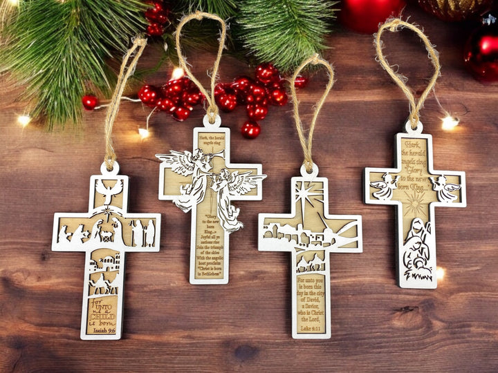 [PRE-ORDER] A Savior Is Born Nativity Tree - Handmade Wood Cross Ornaments | Made in the USA (Set of 4) [SHIPS IN 1-2 WEEKS]