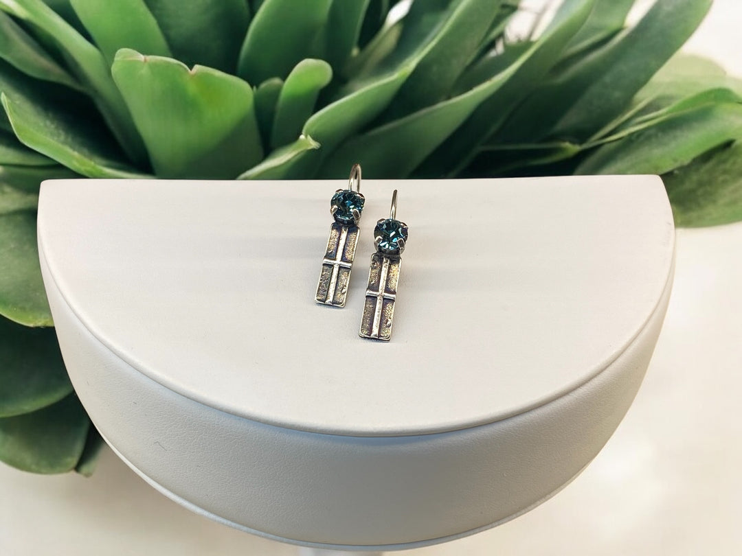 [PRE-ORDER] Smoked Sapphire Crystal With Cross - Lever-Back Dangle Earrings [SHIPS in 1-2 WEEKS]