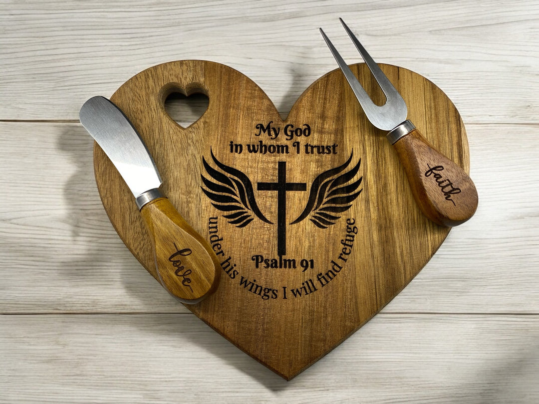 [PRE-ORDER] Psalm 91 Hardwood Heart Laser-Engraved Charcuterie Cutting Board With Utensils [SHIPS IN 1-2 WEEKS]