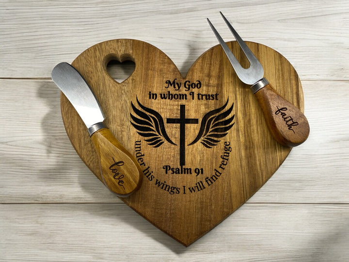 [PRE-ORDER] Psalm 91 Hardwood Heart Laser-Engraved Charcuterie Cutting Board With Utensils [SHIPS IN 1-2 WEEKS]