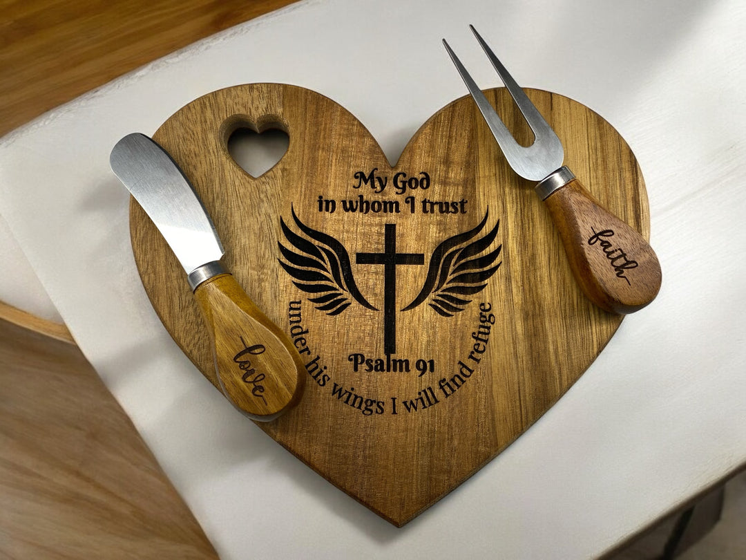 [PRE-ORDER] Psalm 91 Hardwood Heart Laser-Engraved Charcuterie Cutting Board With Utensils [SHIPS IN 1-2 WEEKS]