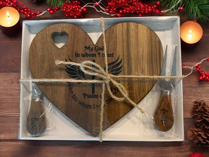 [PRE-ORDER] Psalm 91 Hardwood Heart Laser-Engraved Charcuterie Cutting Board With Utensils [SHIPS IN 1-2 WEEKS]