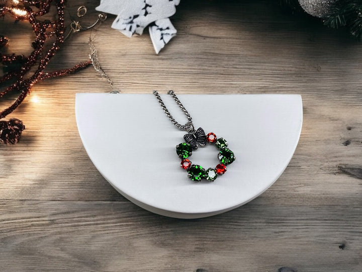 [PRE-ORDER] Crystal Christmas Wreath With Bow Necklace [SHIPS IN 1-2 WEEKS]