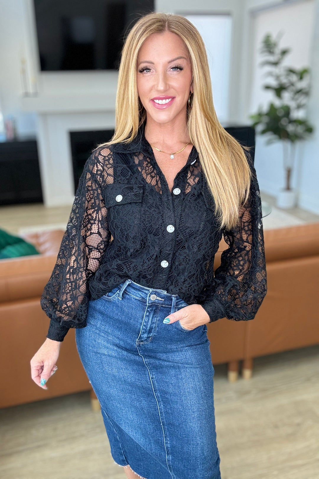 Lace Button-Up Top - Black