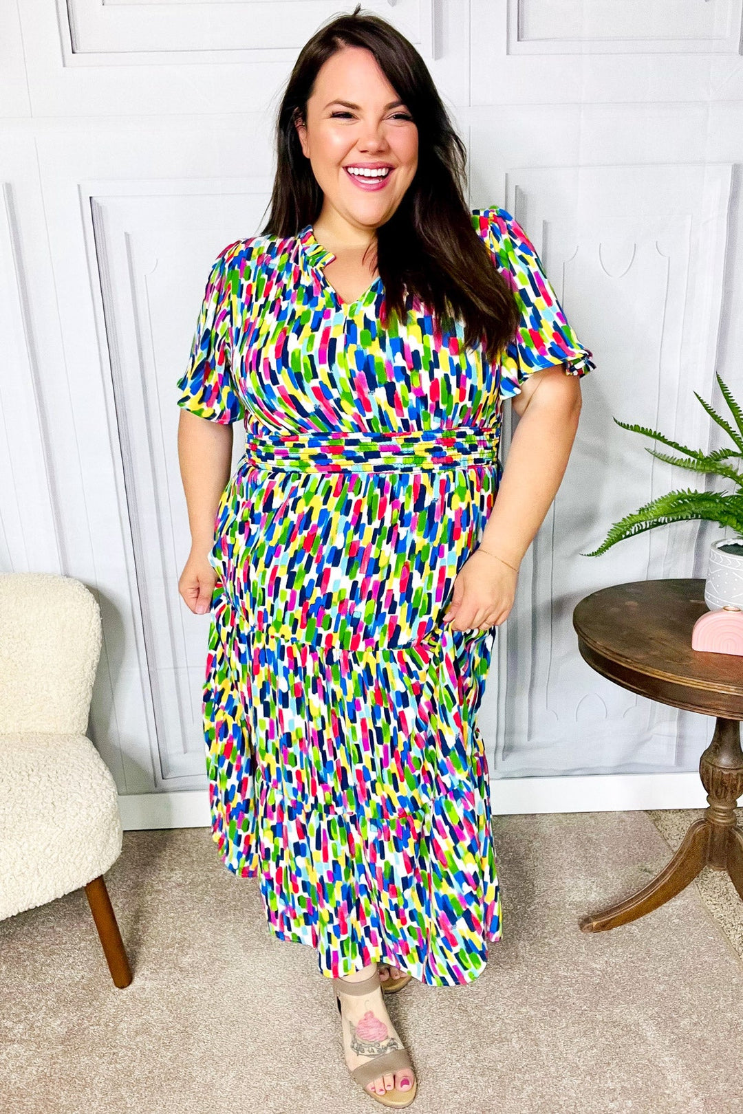 Eyes On You - Abstract Print Smocked-Waist Maxi Dress