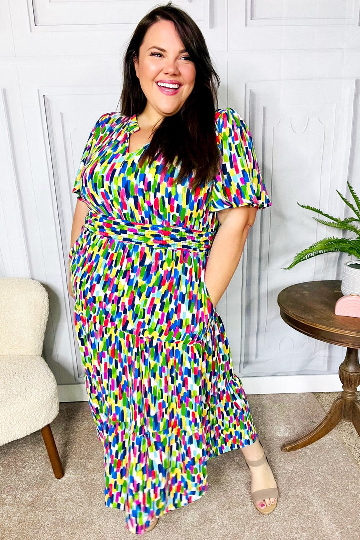 Eyes On You - Abstract Print Smocked-Waist Maxi Dress