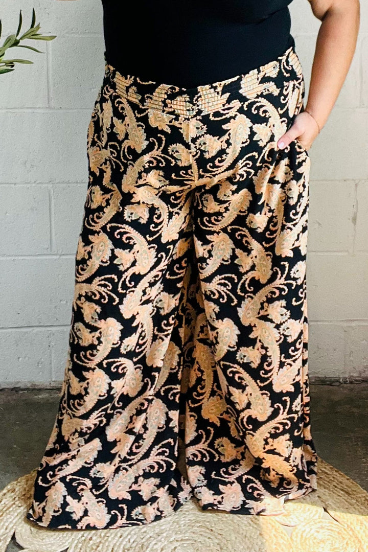 Silky Feel - Black Paisley Palazzo Pants