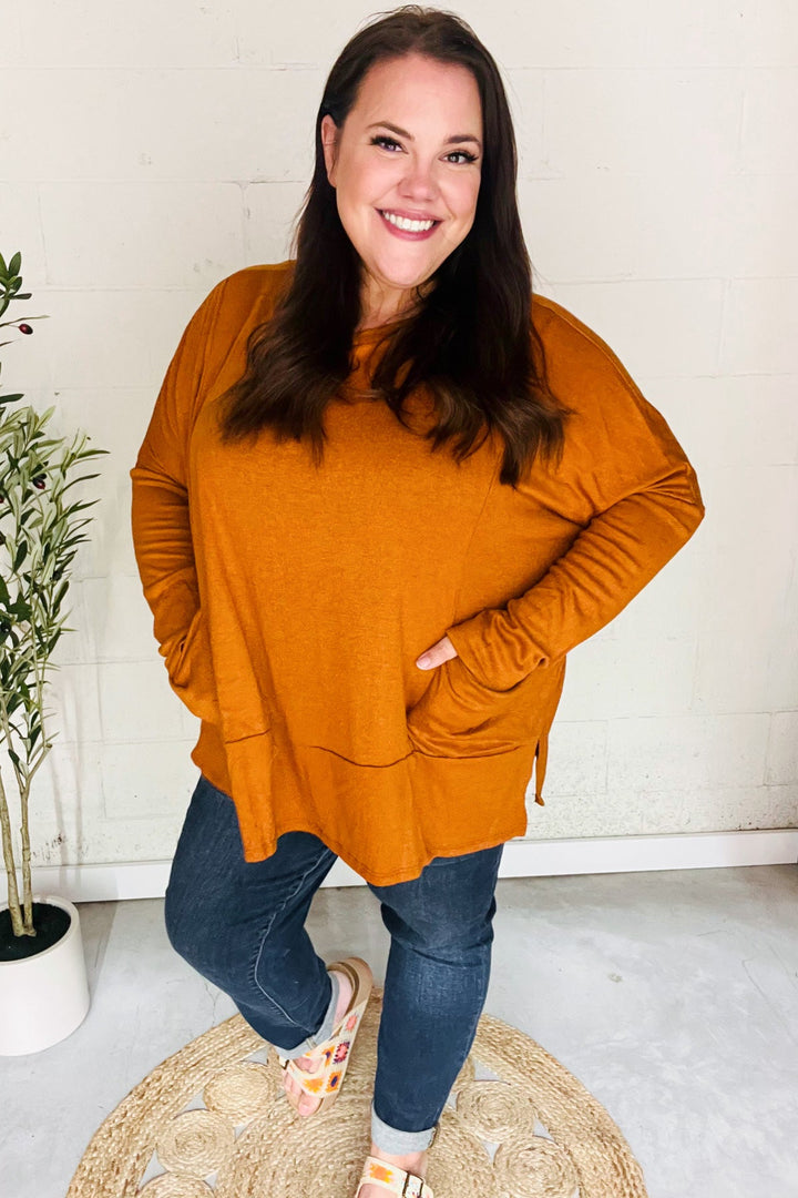 Snuggly Perfection - Hacci Dolman Sweater Top - Rust