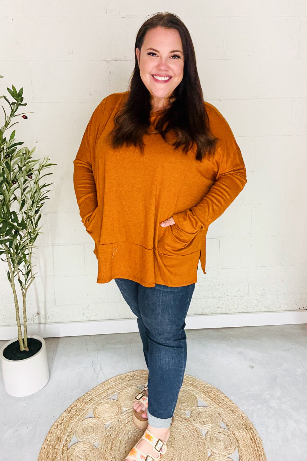 Snuggly Perfection - Hacci Dolman Sweater Top - Rust