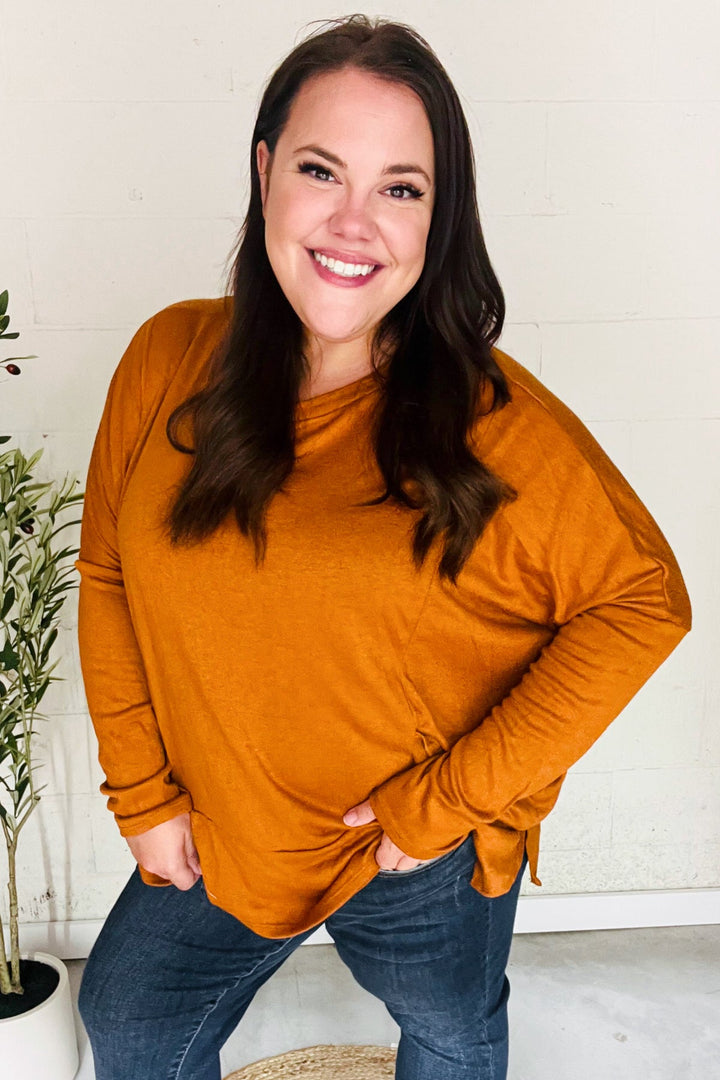 Snuggly Perfection - Hacci Dolman Sweater Top - Rust