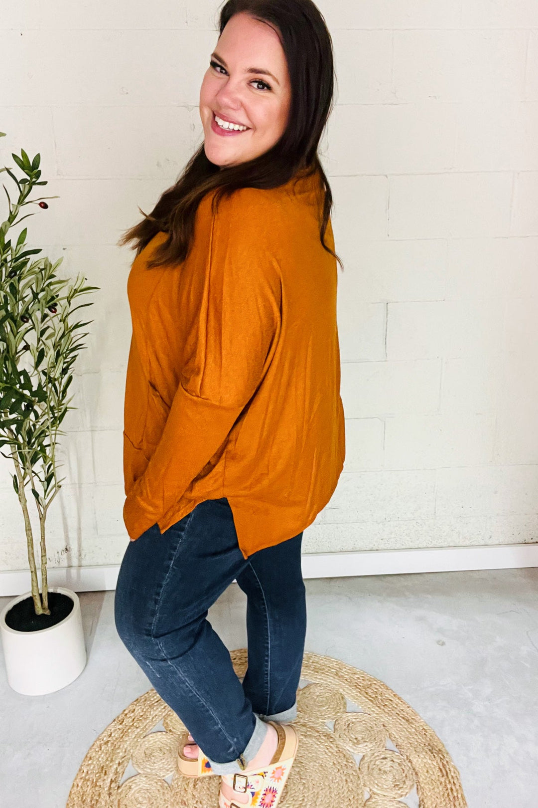 Snuggly Perfection - Hacci Dolman Sweater Top - Rust