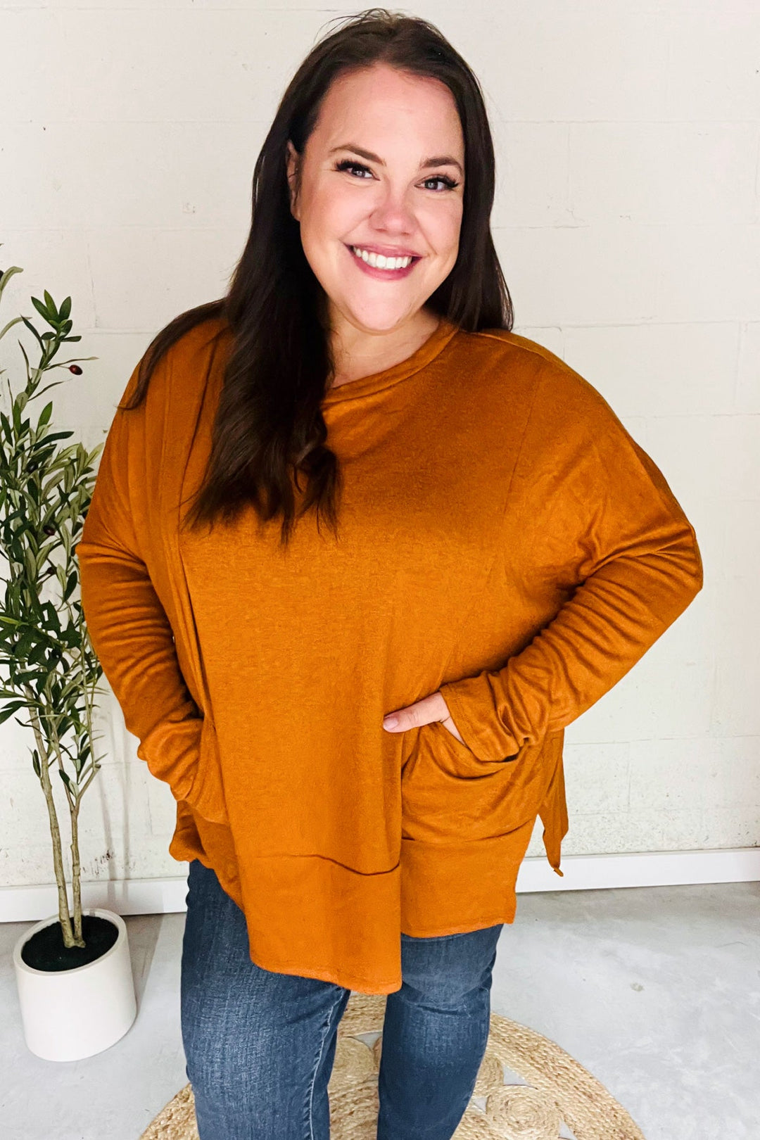 Snuggly Perfection - Hacci Dolman Sweater Top - Rust