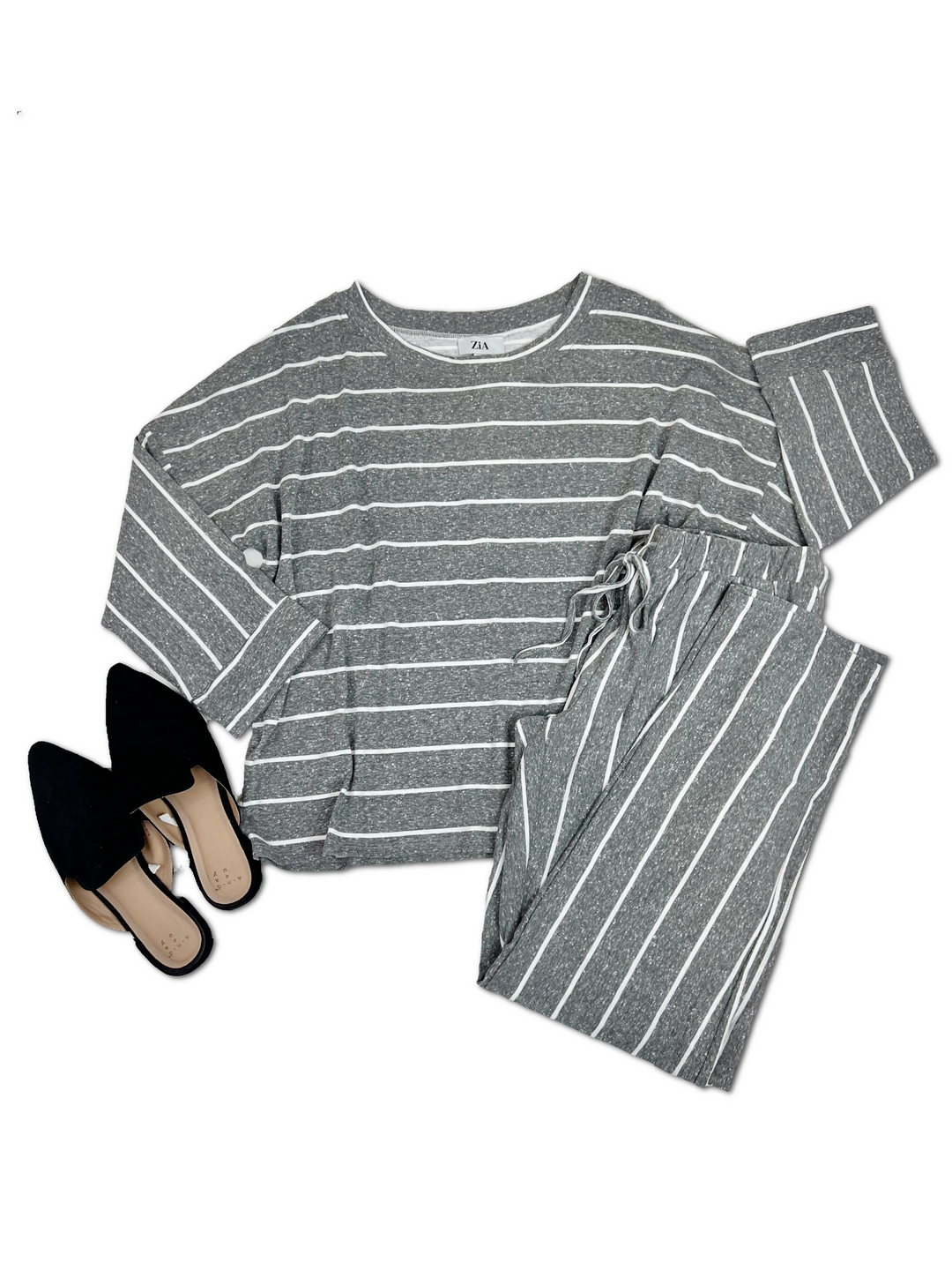 Time To Relax - Striped Loungewear Set - Charcoal