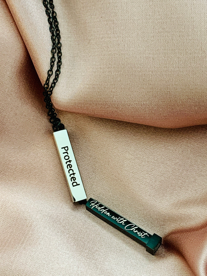 Protected - Hidden With Christ - Hidden Message Vertical Bar Stainless Steel Necklace