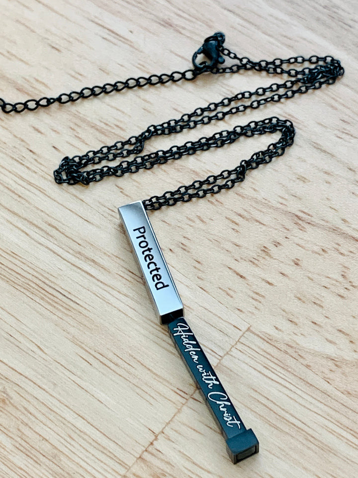 Protected - Hidden With Christ - Hidden Message Vertical Bar Stainless Steel Necklace