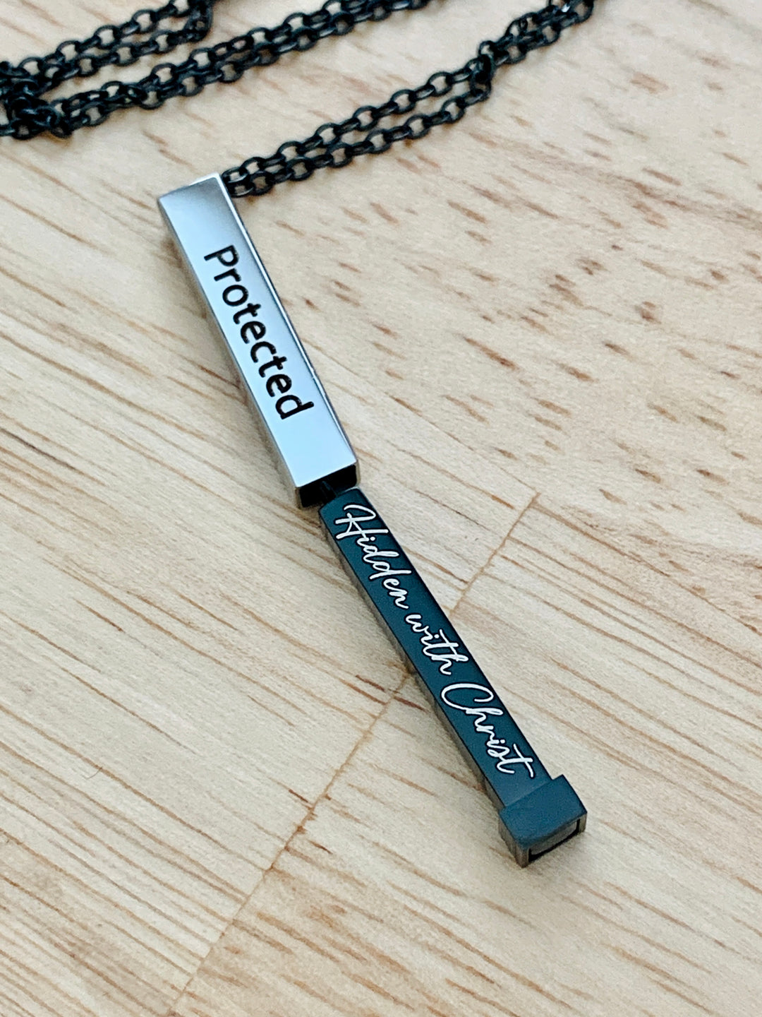 Protected - Hidden With Christ - Hidden Message Vertical Bar Stainless Steel Necklace