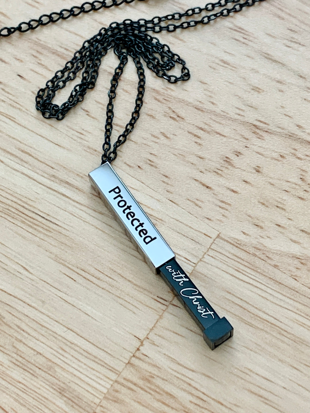 Protected - Hidden With Christ - Hidden Message Vertical Bar Stainless Steel Necklace