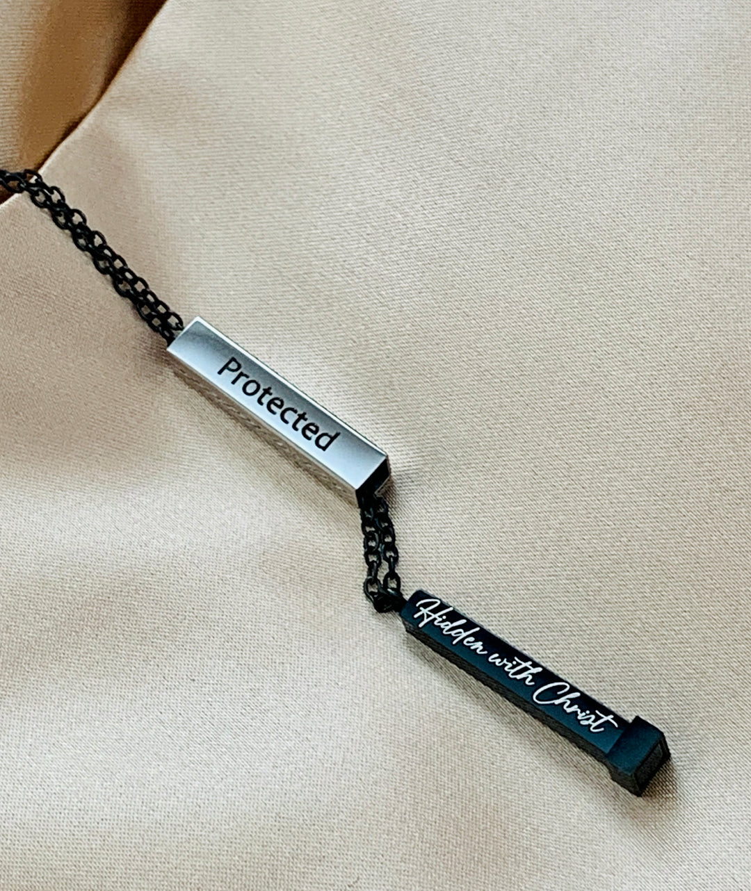 Protected - Hidden With Christ - Hidden Message Vertical Bar Stainless Steel Necklace