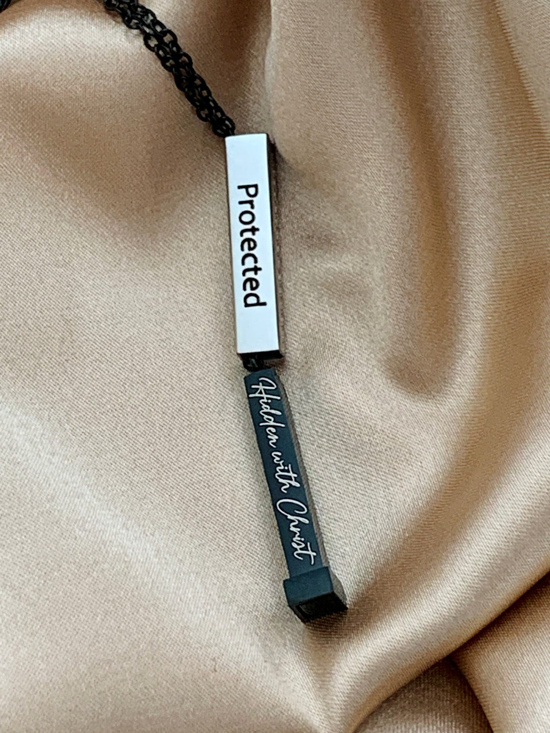 Protected - Hidden With Christ - Hidden Message Vertical Bar Stainless Steel Necklace