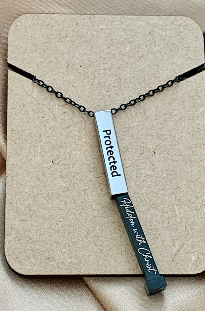 Protected - Hidden With Christ - Hidden Message Vertical Bar Stainless Steel Necklace