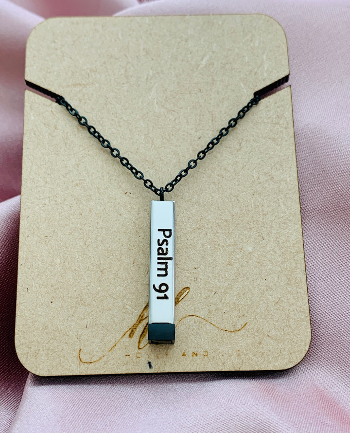 Psalm 91 - Protected In The Secret Place - Hidden Message Vertical Bar Stainless Steel Necklace