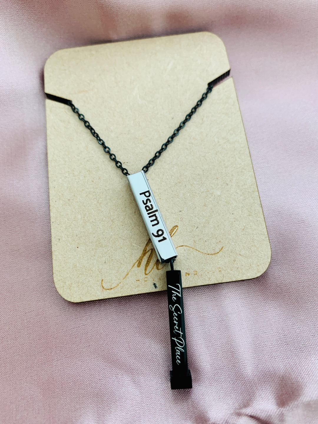 Psalm 91 - Protected In The Secret Place - Hidden Message Vertical Bar Stainless Steel Necklace