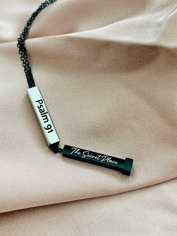 Psalm 91 - Protected In The Secret Place - Hidden Message Vertical Bar Stainless Steel Necklace