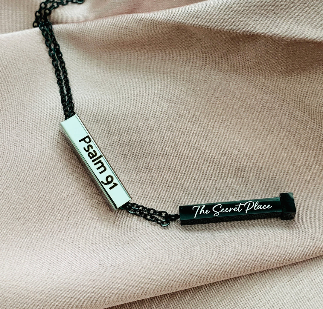 Psalm 91 - Protected In The Secret Place - Hidden Message Vertical Bar Stainless Steel Necklace