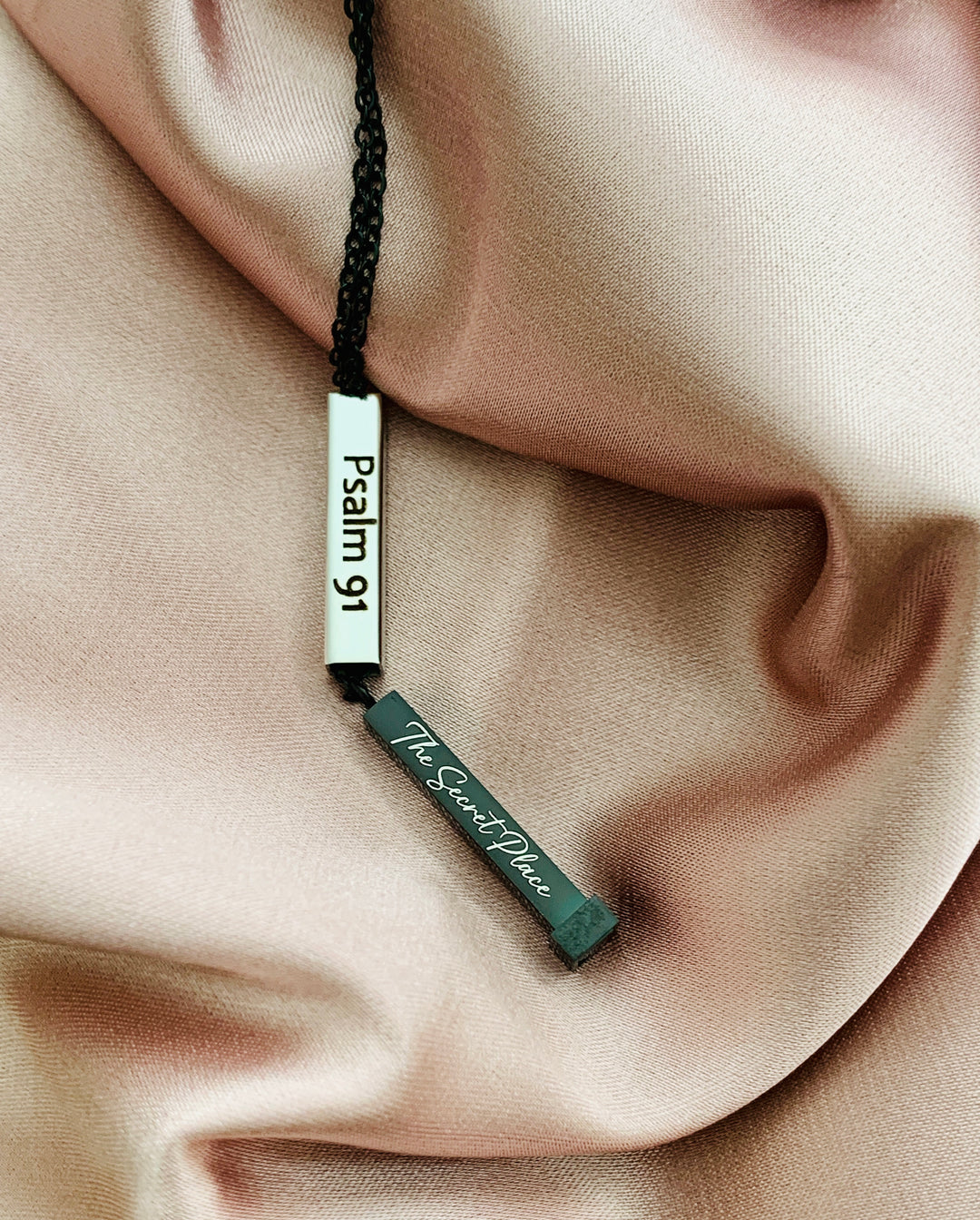 Psalm 91 - Protected In The Secret Place - Hidden Message Vertical Bar Stainless Steel Necklace