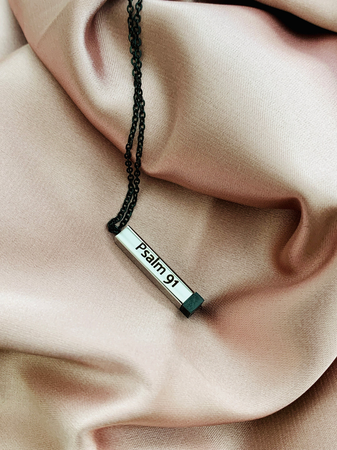 Psalm 91 - Protected In The Secret Place - Hidden Message Vertical Bar Stainless Steel Necklace