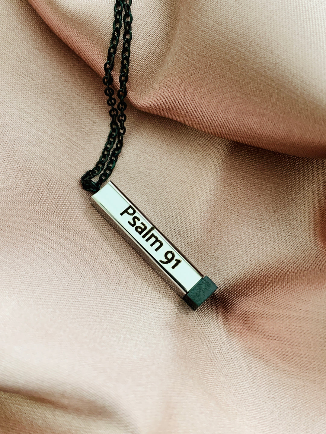 Psalm 91 - Protected In The Secret Place - Hidden Message Vertical Bar Stainless Steel Necklace