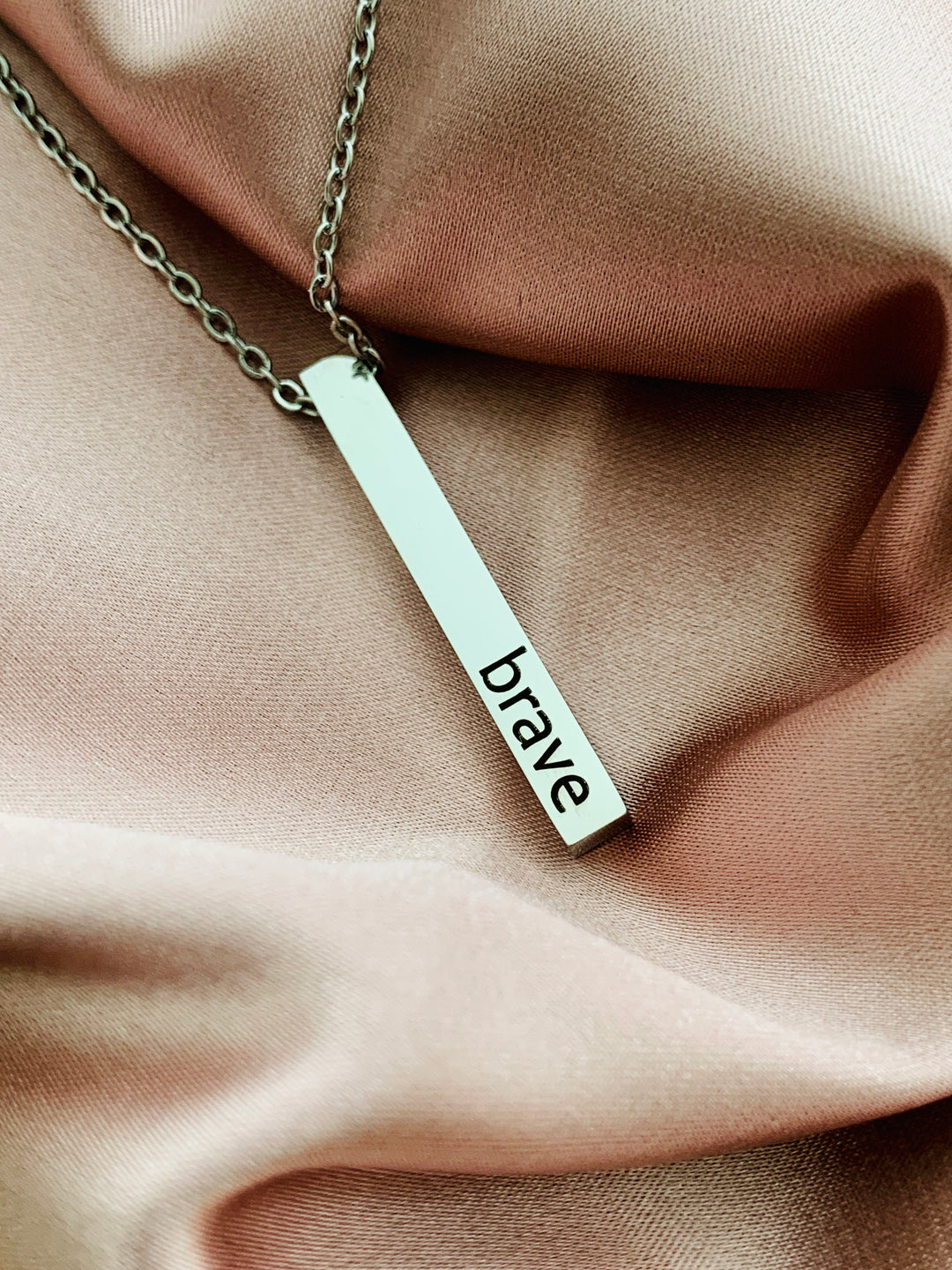 Brave - Joshua 1:9 - 2-Sided Vertical Bar Stainless Steel Necklace