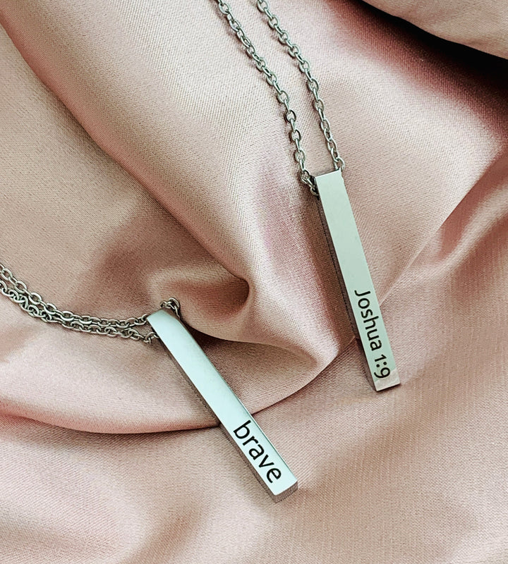 Brave - Joshua 1:9 - 2-Sided Vertical Bar Stainless Steel Necklace