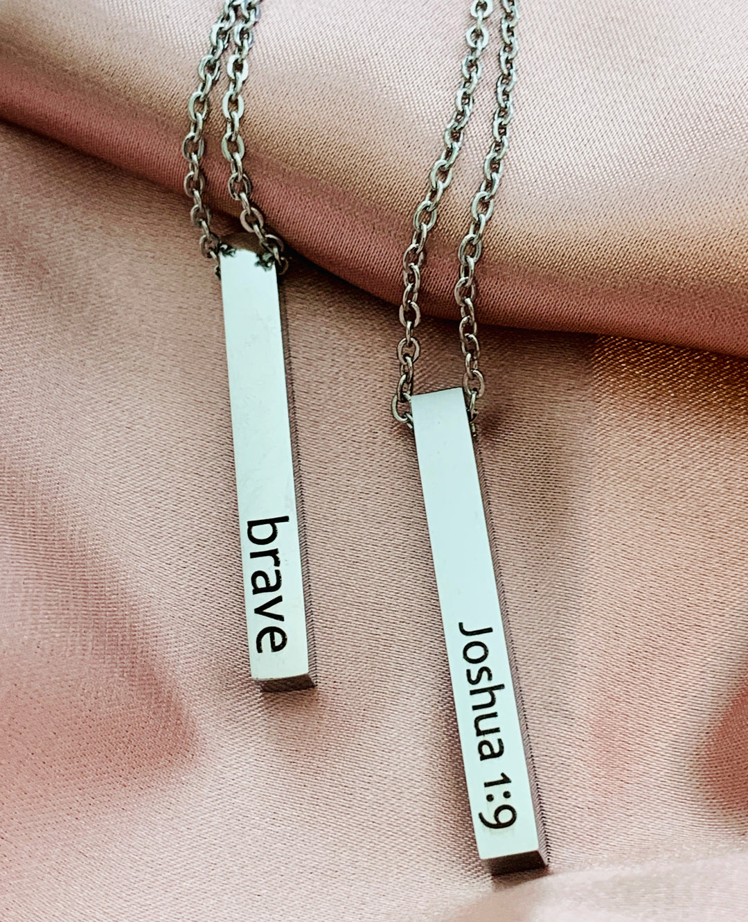 Brave - Joshua 1:9 - 2-Sided Vertical Bar Stainless Steel Necklace